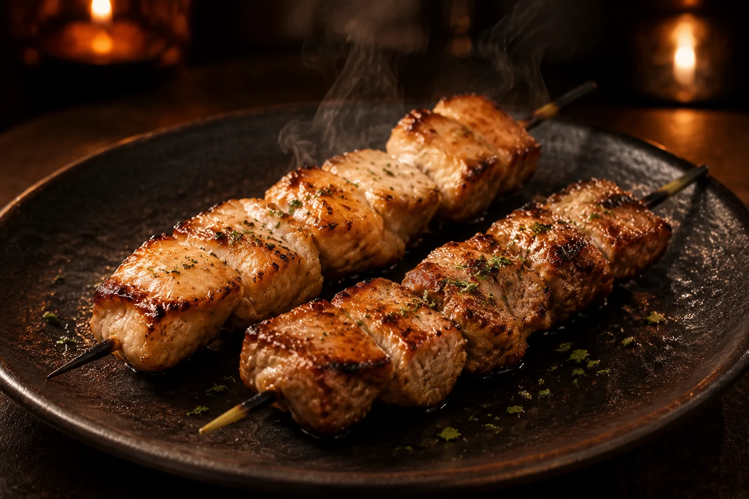 Pinchos de pollo y cerdo recién preparados